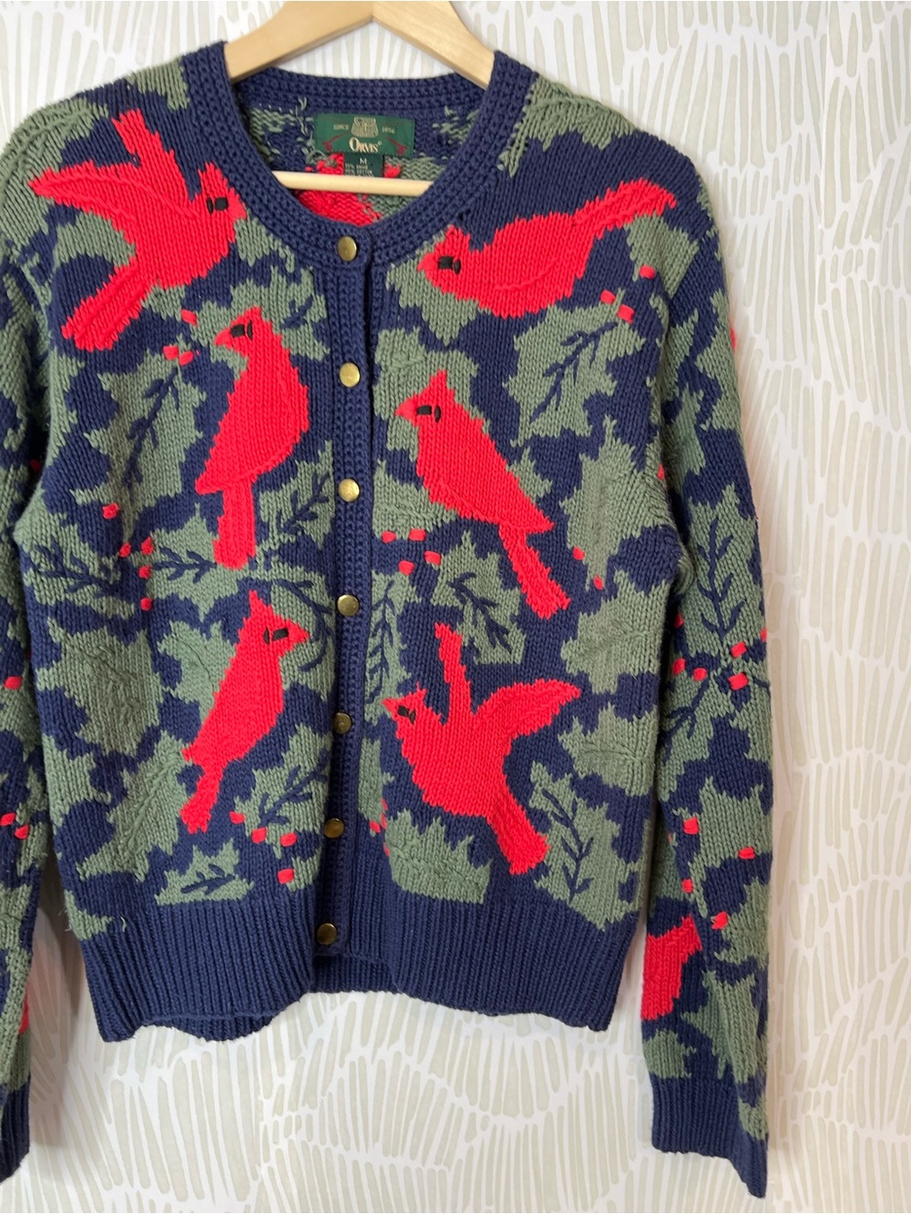 Orvis Cardinal Bird Knit Cardigan Sweater Navy Holly Button Front cotton blend - Picture 5 of 14